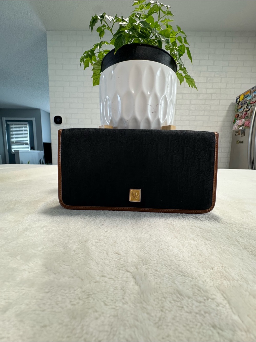 Dior Black Wallet with Brown Trim and Gold Logo Plaque